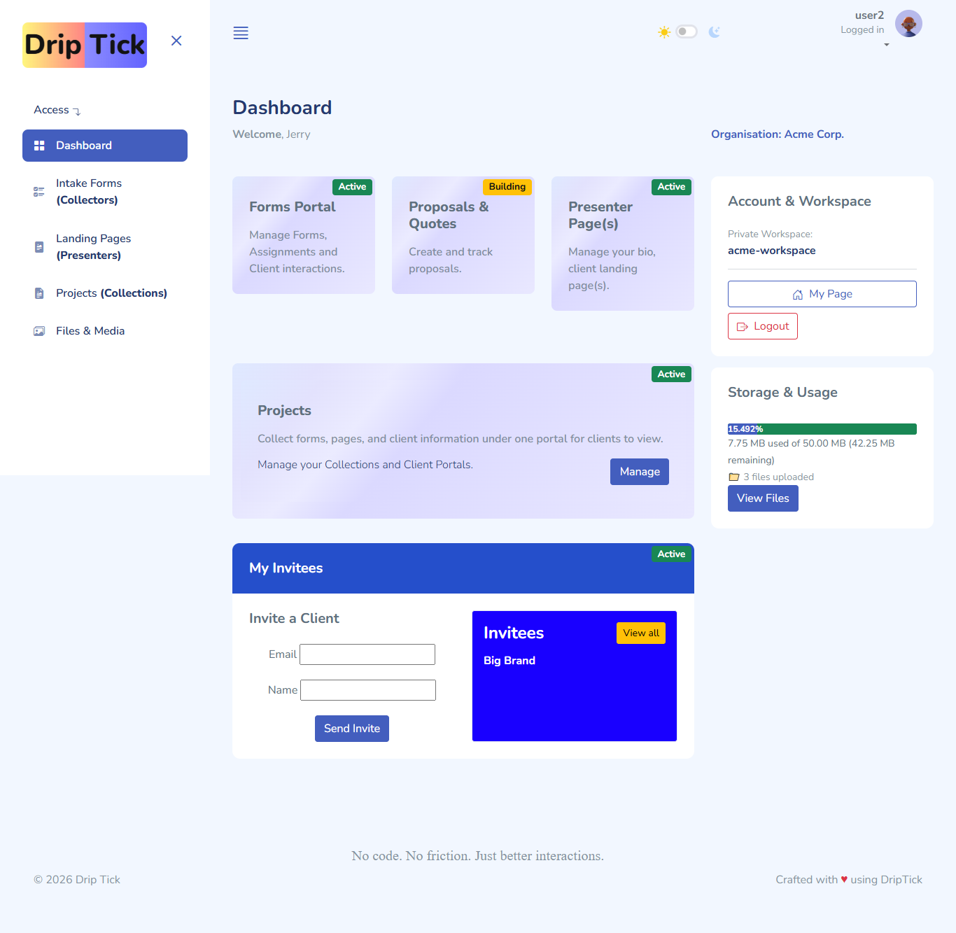 DripTick Dashboard Screenshot
