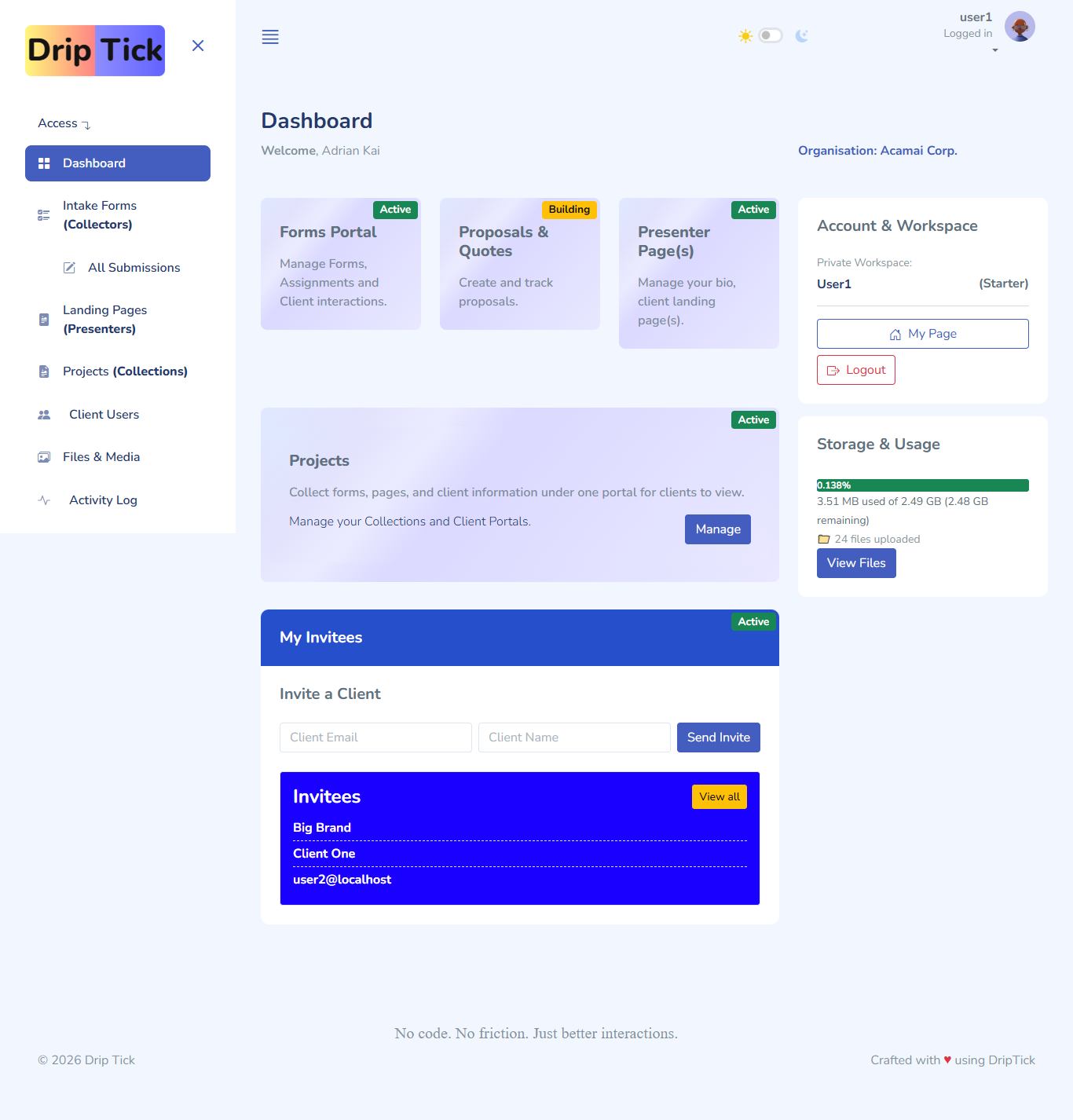 DripTick Dashboard Screenshot